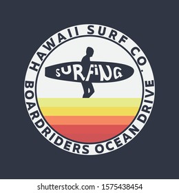 Vector illustration on the theme of surfing and surf in Hawaii. Stamp typography, t-shirt graphics, print, poster, banner, flyer, postcard