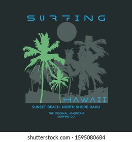 Vector illustration on the theme of surfing and surf in Hawaii. Sport typography, t-shirt graphics, print, poster, banner, flyer, postcard