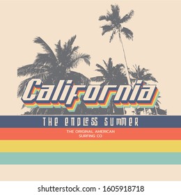 Vector illustration on the theme of surfing and surf in California. Vintage design. Sport typography, t-shirt graphics, print, poster, banner, flyer, postcard