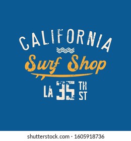 Vector illustration on the theme of surfing and, surf in California. Vintage design. Grunge background. Sport typography, t-shirt graphics, print, poster, banner, flyer, postcard