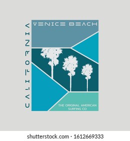 Vector illustration on the theme of surfing and surf in California, Venice beach. Sport typography, t-shirt graphics, print, poster, banner, flyer, postcard