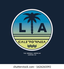 Vector illustration on the theme of surfing and surf in California, Los Angeles City. Sport typography, t-shirt graphics, print, poster, banner, flyer, postcard