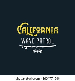 Vector illustration on the theme of surfing and surf in California, Malibu Beach. Wave patrol. Vintage design.  Grunge background. Typography, t-shirt graphics, print, poster, banner, flyer, postcard