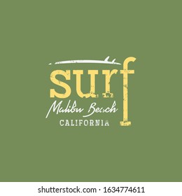 Vector illustration on the theme of surfing and surf in California, Malibu Beach. Vintage design.  Grunge background. Sport typography, t-shirt graphics, print, poster, banner, flyer, postcard