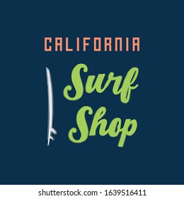 Vector illustration on the theme of surfing and, surf in California. Vintage design. Grunge background. Sport typography, t-shirt graphics, print, poster, banner, flyer, postcard