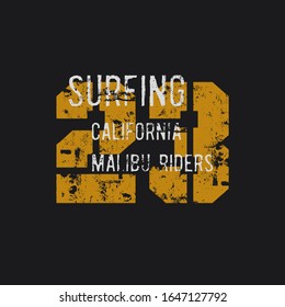 Vector illustration on the theme of surfing and surf in California, Malibu beach. Vintage design. Grunge background. Number sport typography, t-shirt graphics, print, poster, banner, flyer, postcard