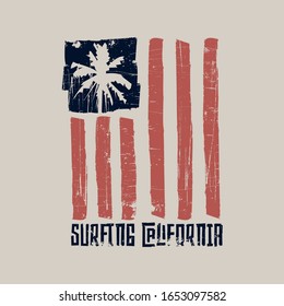 Vector illustration on the theme of surfing and surf in California, American flag. Vintage design.  Grunge background. Sport typography, t-shirt graphics, print, poster, banner, flyer, postcard