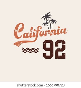 Vector illustration on the theme of surfing and surf in California. Vintage design. Grunge background. Number sport typography, t-shirt graphics, print, poster, banner, flyer, postcard