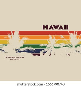 Vector illustration on the theme of surfing and surf in Hawaii. Vintage design. Sport typography, t-shirt graphics, print, poster, banner, flyer, postcard