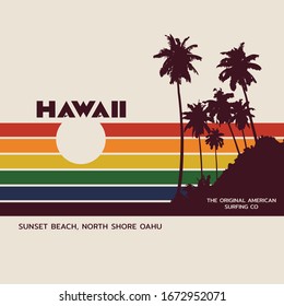 Vector illustration on the theme of surfing and surf in Hawaii. Vintage design. Sport typography, t-shirt graphics, print, poster, banner, flyer, postcard