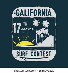 Vector illustration on the theme of surfing and, surf in California. Vintage design. Grunge background. Sport typography, t-shirt graphics, print, poster, banner, flyer, postcard