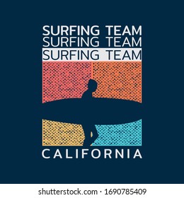 Vector illustration on the theme of surfing and surf in California. Sport typography, t-shirt graphics, print, poster, banner, flyer, postcard