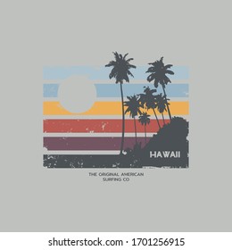 Vector illustration on the theme of surfing and surf in Hawaii. Vintage design. Grunge background.  Sport typography, t-shirt graphics, print, poster, banner, flyer, postcard