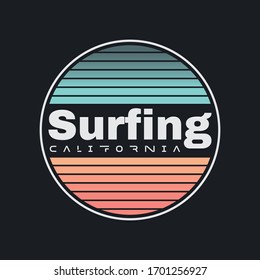 Vector illustration on the theme of surfing and surf in California. Stamp typography, t-shirt graphics, print, poster, banner, flyer, postcard