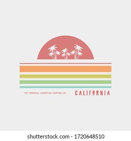 Vector illustration on the theme of surfing and surf in California. Sport typography, t-shirt graphics, print, poster, banner, flyer, postcard