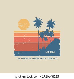 Vector illustration on the theme of surfing and surf in Hawaii. Vintage design. Grunge background.  Sport typography, t-shirt graphics, print, poster, banner, flyer, postcard