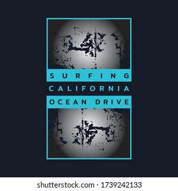 Vector illustration on the theme of surfing and surf in California. The abstract design. Typography, t-shirt graphics, print, poster, banner, flyer, postcard