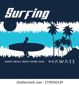Vector illustration on the theme of surfing and surf in Hawaii. Typography, t-shirt graphics, print, poster, banner, flyer, postcard