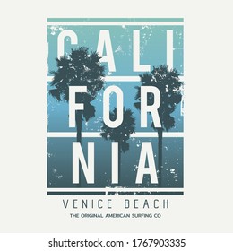Vector illustration on the theme of surfing and surf in California, Venice beach. Vintage design. Grunge background. Sport typography, t-shirt graphics, print, poster, banner, flyer, postcard