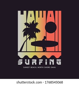 Vector illustration on the theme of surfing and surf in Hawaii. Vintage design. Sport typography, t-shirt graphics, print, poster, banner, flyer, postcard