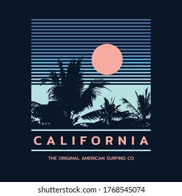 Vector illustration on the theme of surfing and surf in California. Sport typography, t-shirt graphics, print, poster, banner, flyer, postcard