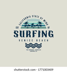 Vector illustration on the theme of surfing and surf in California, Venice beach. Stamp typography, t-shirt graphics, print, poster, banner, flyer, postcard