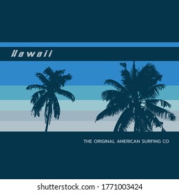 Ilustración vectorial sobre el tema del surf y el surf en Hawaii. Tipografía, gráficos para camisetas, impresión, afiche, pancarta, volante, postal