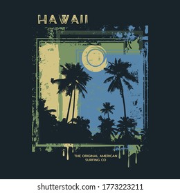 Vector illustration on the theme of surfing and surf in Hawaii. Vintage design. Grunge background.  Sport typography, t-shirt graphics, print, poster, banner, flyer, postcard