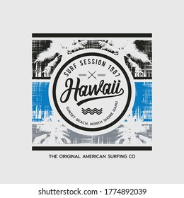 Vector illustration on the theme of surfing and surf in Hawaii, Sunset beach. Sport typography, t-shirt graphics, print, poster, banner, flyer, postcard