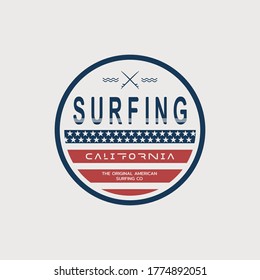 Vector illustration on the theme of surfing and surf in California. Vintage design. Stump typography, t-shirt graphics, print, poster, banner, flyer, postcard