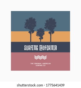 Vector illustration on the theme of surfing and surf in California. Sport typography, t-shirt graphics, print, poster, banner, flyer, postcard