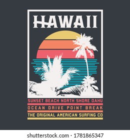 Vector illustration on the theme of surfing and surf in Hawaii. Vintage design. Sport typography, t-shirt graphics, print, poster, banner, flyer, postcard