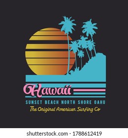 Vector illustration on the theme of surfing and surf in Hawaii. Vintage design. Sport typography, t-shirt graphics, print, poster