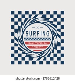 Vector illustration on the theme of surfing and surf in California. Abstract background. Stamp typography, t-shirt graphics, print, 