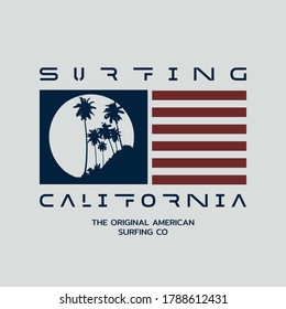 Ilustración vectorial sobre el tema del surf y el surf en California. Tipografía deportiva, gráficos de camisetas, impresión, afiche, 