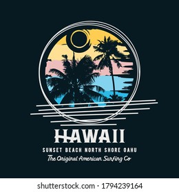 Vector illustration on the theme of surfing and surf rider in Hawaii. Stamp typography, t-shirt graphics, print, poster, banner, flyer, postcard