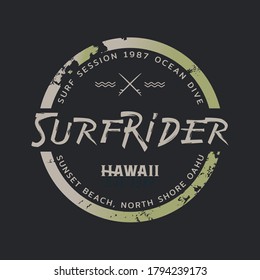 Vector illustration on the theme of surfing and surf rider in Hawaii. Stamp typography, t-shirt graphics, print, poster, banner, flyer, postcard