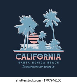 Vector illustration on the theme of surfing and surf in California. Sport typography, t-shirt graphics, print, poster, banner, flyer, postcard