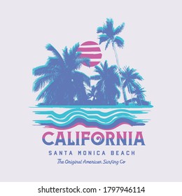 Vector illustration on the theme of surfing and surf in California. Sport typography, t-shirt graphics, print, poster, banner, flyer, postcard