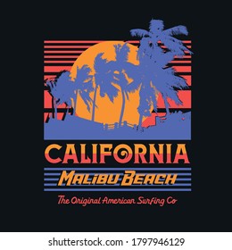 Vector illustration on the theme of surfing and surf in California, Malibu beach. Sport typography, t-shirt graphics, print, poster, banner, flyer, postcard