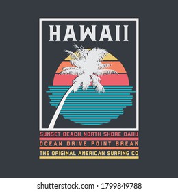 Ilustración vectorial sobre el tema del surf y el surf en Hawaii. Tipografía deportiva, gráficos para camisetas, impresión, afiche, pancarta, volante, postal