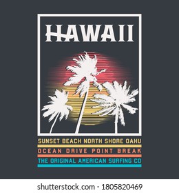 Vector illustration on the theme of surfing and surf in Hawaii. Sport typography, t-shirt graphics, print, poster, banner, flyer, postcard