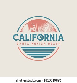 Vector illustration on the theme of surfing and surf in California, Santa Monica Beach. Vintage design. Stamp typography, t-shirt graphics, print, poster, banner, flyer, postcard