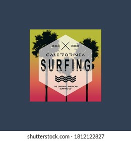 Vector illustration on the theme of surfing and surf in California. Stamp typography, t-shirt graphics, print, poster, banner, flyer, postcard