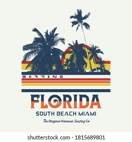 Vector illustration on the theme of surfing and surf in Florida, South Beach Miami. Vintage design. Sport typography, t-shirt graphics, print, poster, banner, flyer, postcard