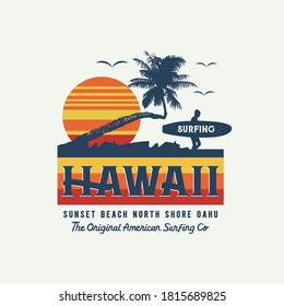 Vector illustration on the theme of surfing and surf in Hawaii. Sport typography, t-shirt graphics, print, poster, banner, flyer, postcard