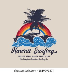 Vector illustration on the theme of surfing and surf rider in Hawaii. Vintage design.  Grunge background. Sport typography, t-shirt graphics, print, poster, banner, flyer, postcard
