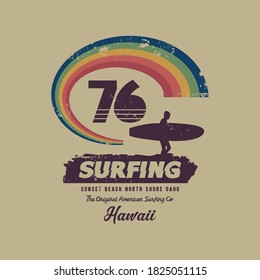 Vector illustration on the theme of surfing and surf in Hawaii. Vintage design.  Grunge background. Number sport typography, t-shirt graphics, print, poster, banner, flyer, postcard