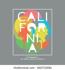 Ilustración vectorial sobre el tema del surf y el surf en California. Tipografía deportiva, gráficos para camisetas, impresión, afiche, pancarta, volante, postal