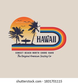 Vector illustration on the theme of surfing and surf in Hawaii. Vintage design.  Sport typography, t-shirt graphics, print, poster, banner, flyer, postcard